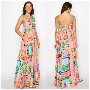 Love Wednesday Tropical Print Cotton maxi dress, spaghetti straps, coral, NWT, M